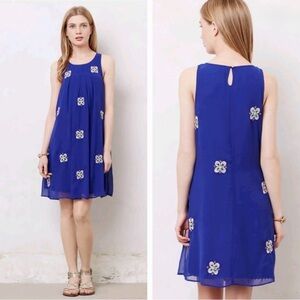 Anthropologie Leifsdottir Amapola Swing Embellished Dress Sz 0 Blue Floral Party
